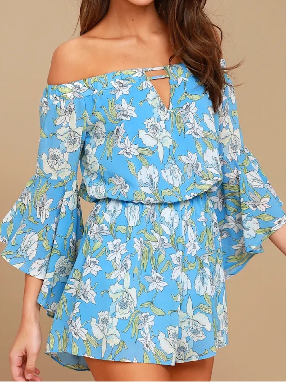 Lulu's Sky Blue Floral Off-Shoulder Peasant Romper